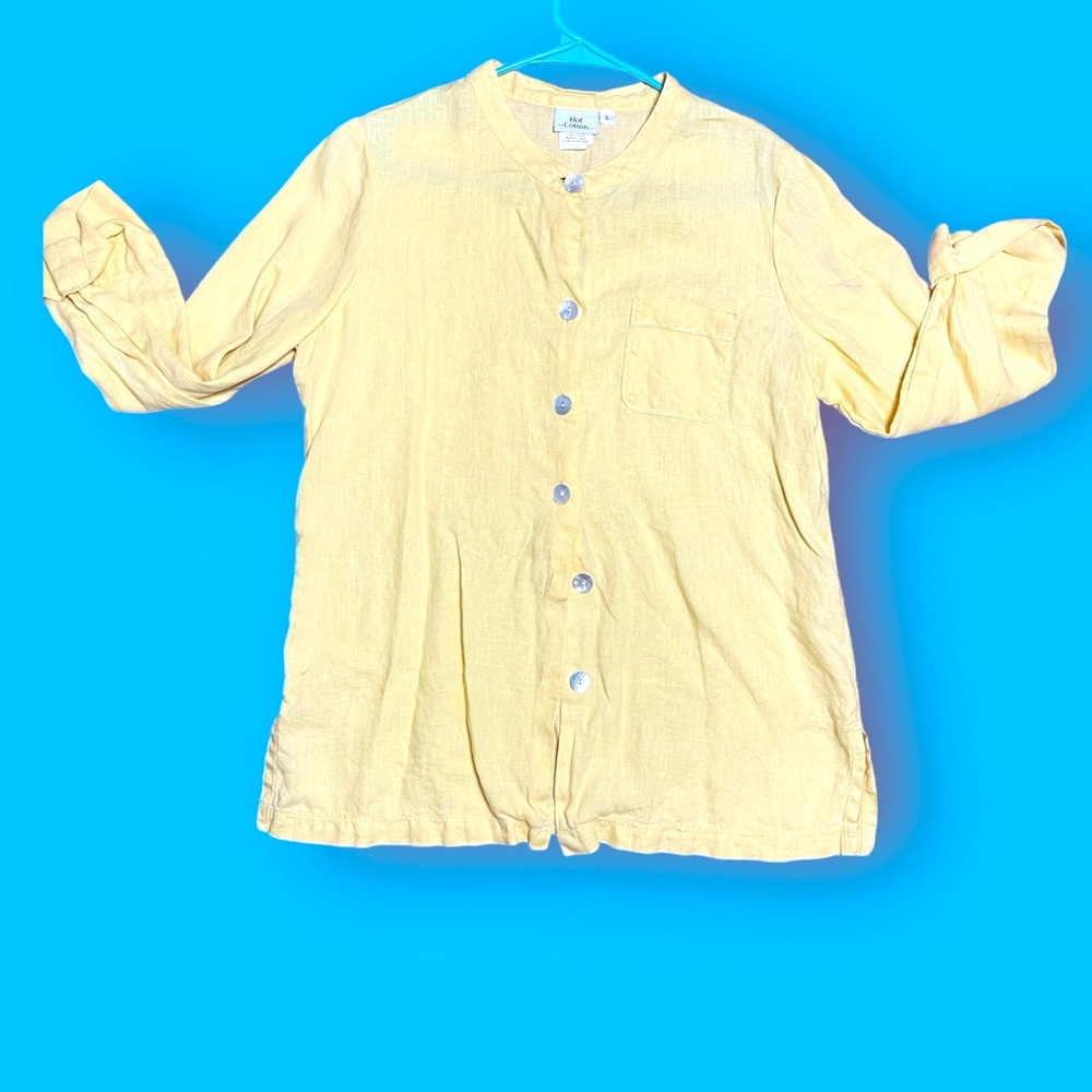 Yellow Linen Long Sleeve Shirt:Seashell Buttons,Beach-Ready & Perfect for Summer